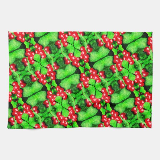 雨滴の赤い果実抽象芸術自然パターン キッチンタオル (横)