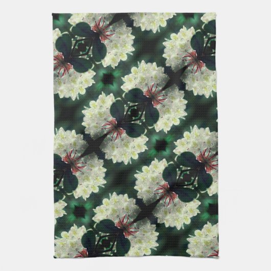 雨滴模様の白つつじ花 キッチンタオル (縦)