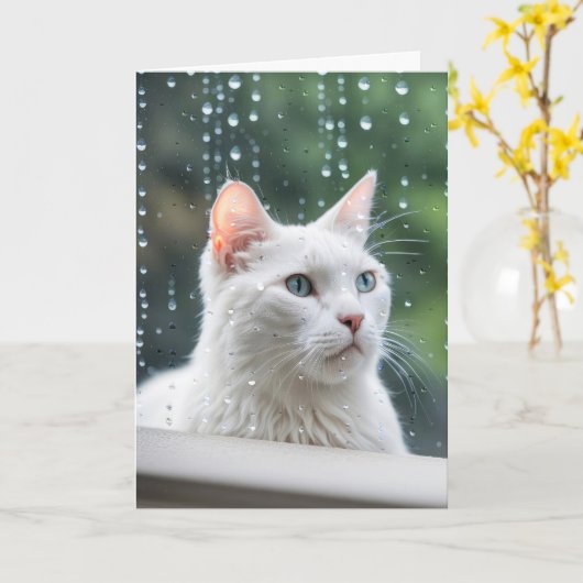 雨窓の白猫 カード (黄色い花)