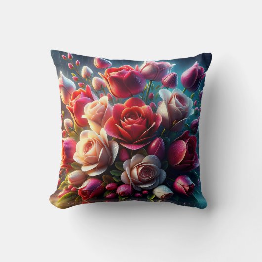「雨粒の赤とピンクのバラ」 クッション (正面)