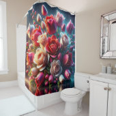 「雨粒の赤とピンクのバラ」 シャワーカーテン (インサイチュ)