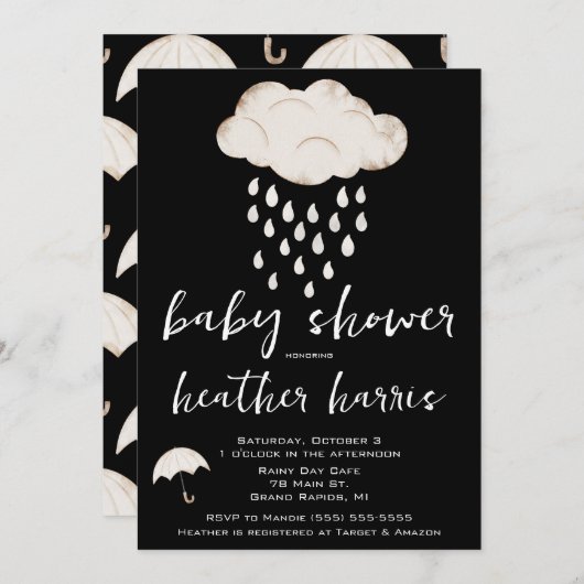雨粒、雨雲、傘の赤ちゃんシャワー 招待状 (正面/裏面)