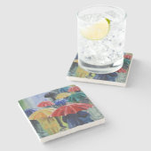 雨絵画の赤い傘の虹の傘 ストーンコースター (横)