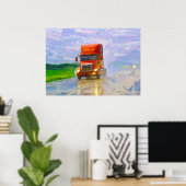 雨芸術ポスター4で運転する赤いトラックのハイウェー ポスター (ホームオフィス)