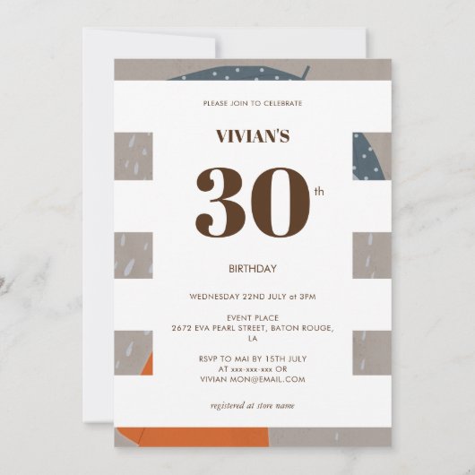 雨誇りを持ったの中の老紙レディ30歳の誕生日 招待状 (裏面)