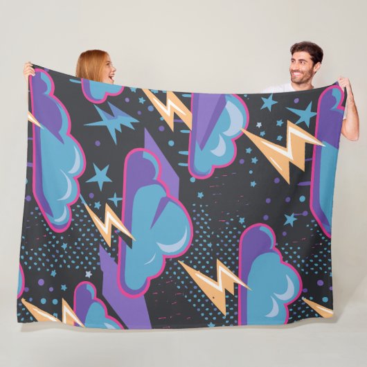 雨雲、稲妻ボルト、星模様 フリースブランケット (インサイチュ)