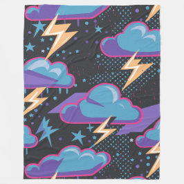 雨雲、稲妻ボルト、星模様 フリースブランケット