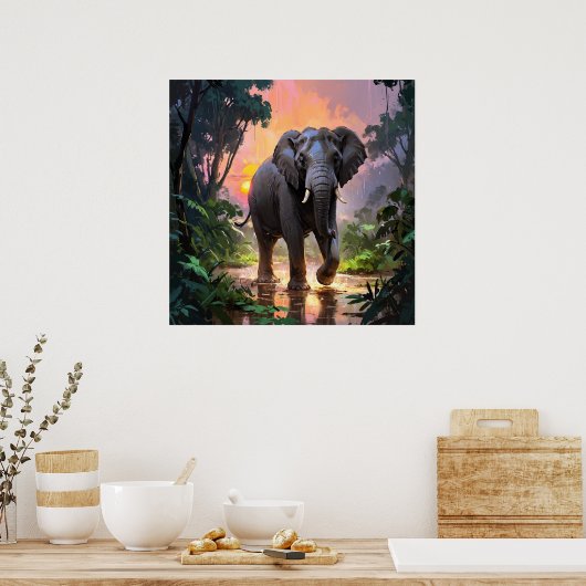 雨鮮やかと夕日の象絵画の ポスター (キッチン)