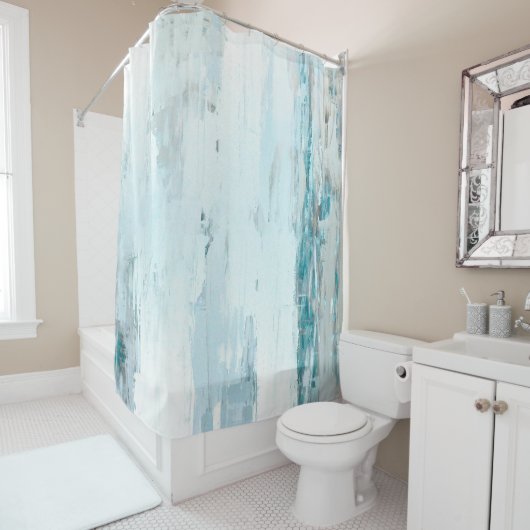 「雨」はティール（緑がかった色）およびベージュ抽象美術を落とします シャワーカーテン (インサイチュ)