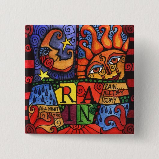 雨-正方形ボタンの日曜日そして月のデザイン 缶バッジ (正面)