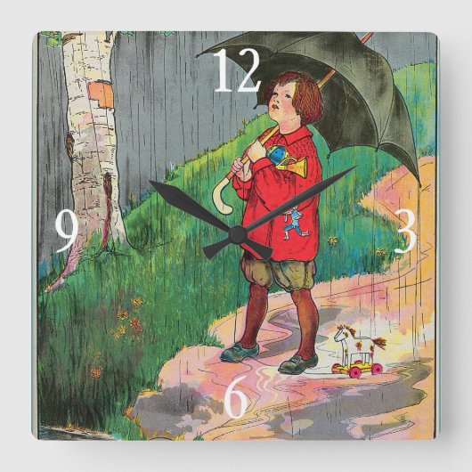雨,雨,行遠くにく – マザーグース子供部屋韻 スクエア壁時計 (正面)