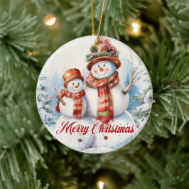 雪おもしろいの2つの水色雪だるま セラミックオーナメント