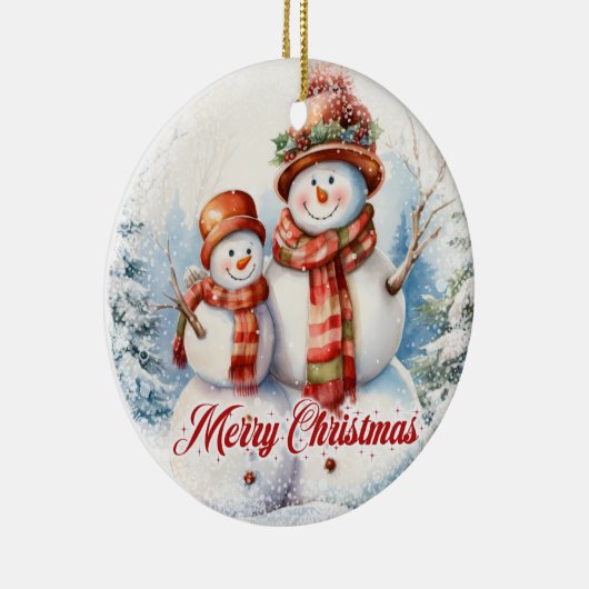 雪おもしろいの2つの水色雪だるま セラミックオーナメント (右)