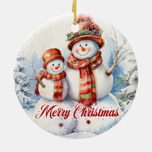 雪おもしろいの2つの水色雪だるま セラミックオーナメント (裏面)