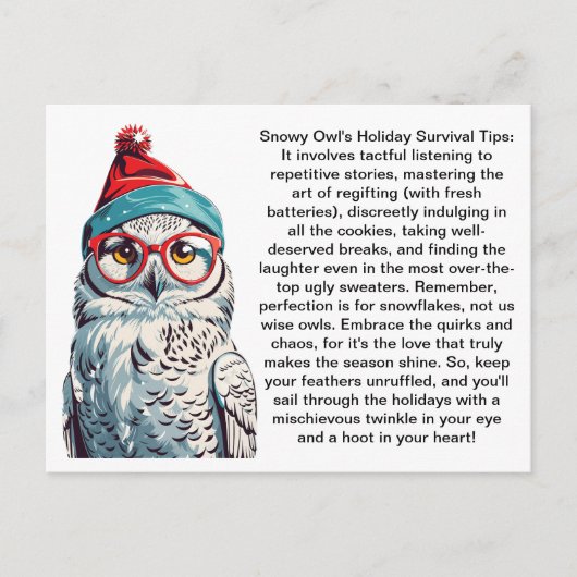 雪おもしろいふくろうからの休日の生存のヒント ポストカード (正面)