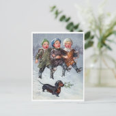 雪および犬の3人の子供の歌うクリスマスの歌 ポストカード (スタンド正面)
