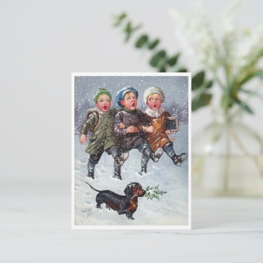 雪および犬の3人の子供の歌うクリスマスの歌 ポストカード (スタンド正面)