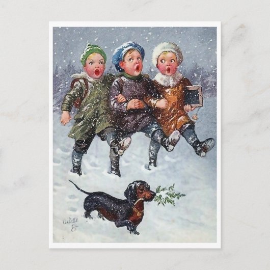 雪および犬の3人の子供の歌うクリスマスの歌 ポストカード (正面)