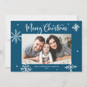 雪お洒落片ブルーメリークリスマスフォト シーズンカード (正面)