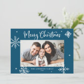 雪お洒落片ブルーメリークリスマスフォト シーズンカード (スタンド正面)
