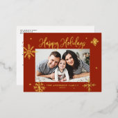 雪お洒落片レッドハッピーホリデイズ写真 箔シーズンポストカード (正面/裏面)