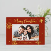 雪お洒落片レッド・メリー・クリスマス写真 箔シーズンカード (立ち正面)