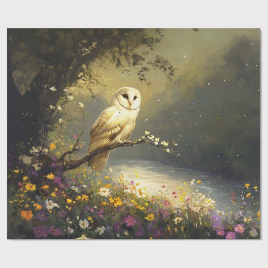 雪お洒落白フクロウ山花のデコページ ラッピングペーパー (フラット)