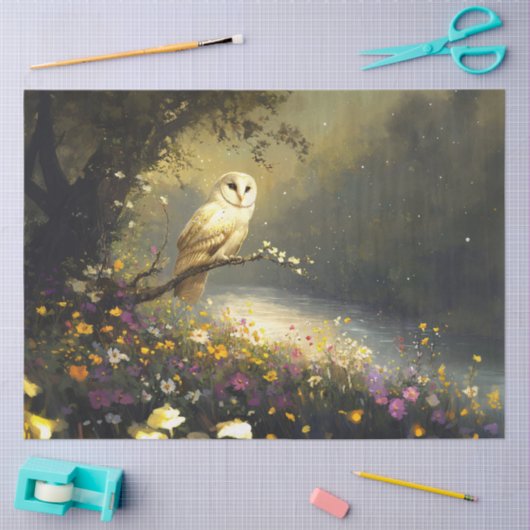 雪お洒落白フクロウ山花のデコページ 薄葉紙 (クラフト)