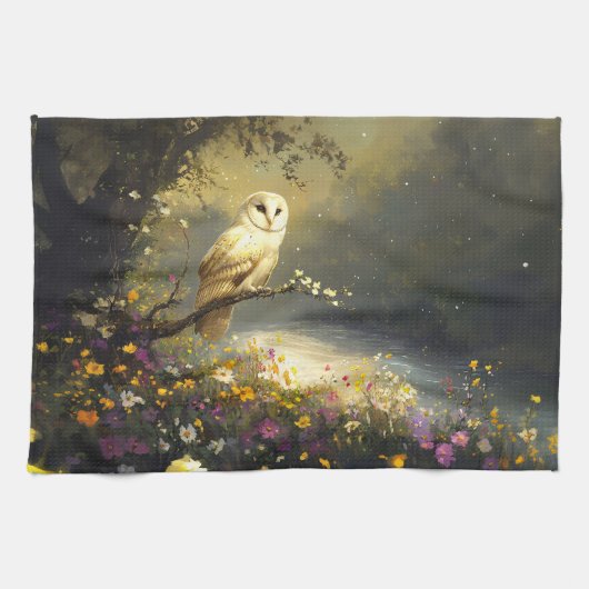 雪お洒落白フクロウ野草芸術 キッチンタオル (横)