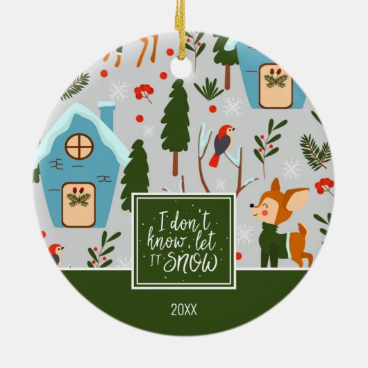 雪かわいいトナカイの名前グリーンクリスマス セラミックオーナメント (裏面)