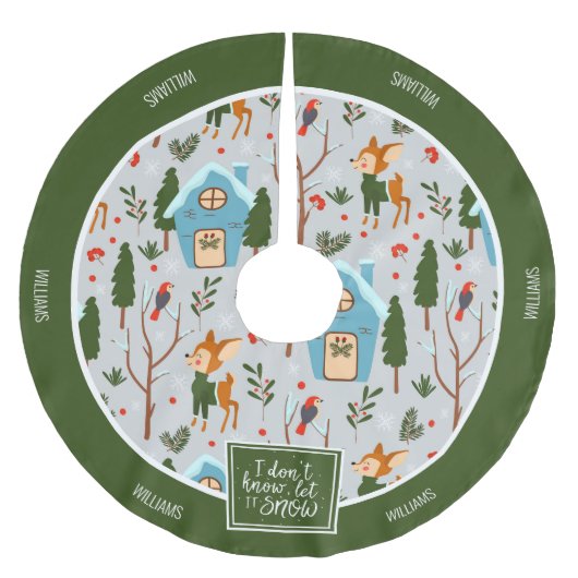 雪かわいいトナカイの名前グリーンクリスマス ブラッシュドポリエステルツリースカート (正面)