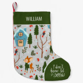 雪かわいいトナカイの柄を緑で名付ける スモールクリスマスストッキング (正面)