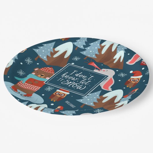 雪かわいい動物の名前をブルークリスマスに ペーパープレート (アングル)