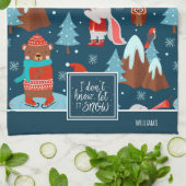 雪かわいい動物の模様（名前は青） キッチンタオル (折り畳み)