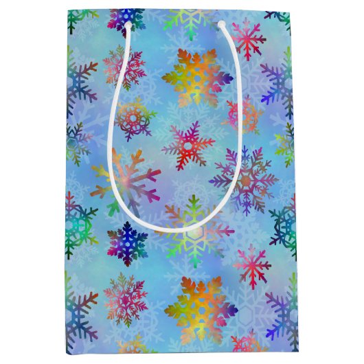 雪かわいらしカラフルの降るクリスマスパターン ミディアムペーパーバッグ (正面)