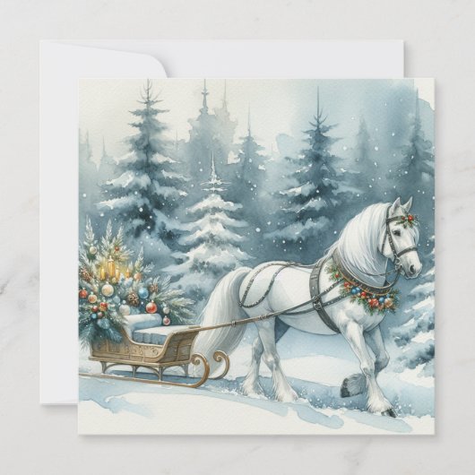 雪かわいらし白い馬の冬の風景 シーズンカード (正面)