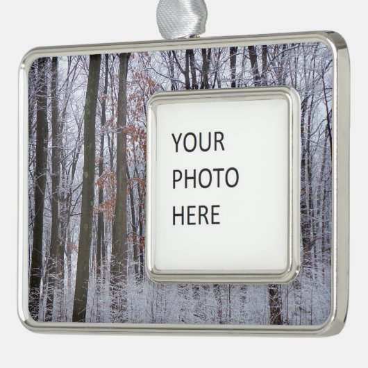 雪が積もった森の冬の風景写真 シルバープレートフレームオーナメント (左)