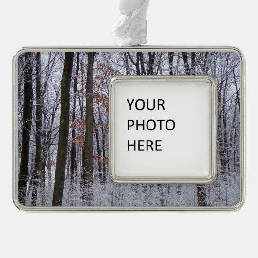 雪が積もった森の冬の風景写真 シルバープレートフレームオーナメント (正面)