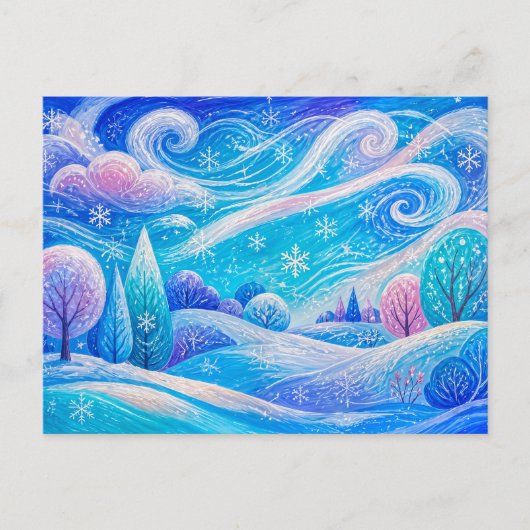 雪が舞う山の森 ポストカード (正面)