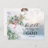 雪が覆われたエバーグリーン詩篇46:10聖書のクリスマス シーズンポストカード (正面/裏面)