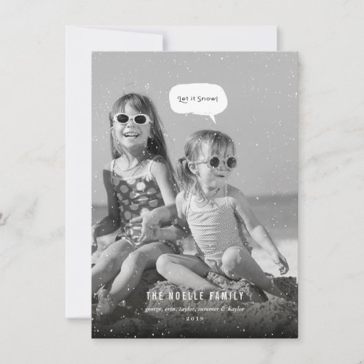 雪が降っても楽しいビーチの写真 - ユニークで面白いトロピカルデザイン シーズンカード (正面)