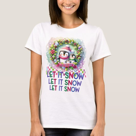 雪が降るペンギンの家族 クリスマスTシャツ Tシャツ (正面)