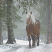 雪が降る冬の森の中の茶色の馬 シール (正面)