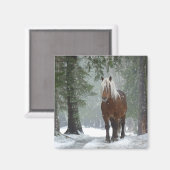 雪が降る冬の森の中の茶色の馬 マグネット (正面/裏面)