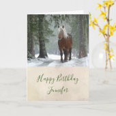 雪が降る森の中の茶色の馬誕生日 カード (黄色い花)