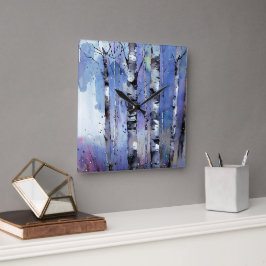 雪が降る魔法の樺の木 スクエア壁時計