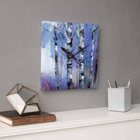 雪が降る魔法の樺の木 スクエア壁時計 (オフィス)