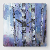 雪が降る魔法の樺の木 スクエア壁時計 (正面)
