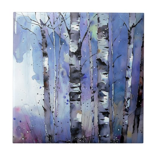 雪が降る魔法の樺の木 タイル (正面)