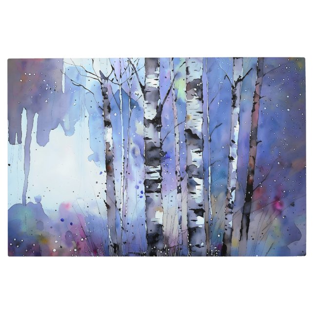 雪が降る魔法の樺の木 メタルプリント (正面)